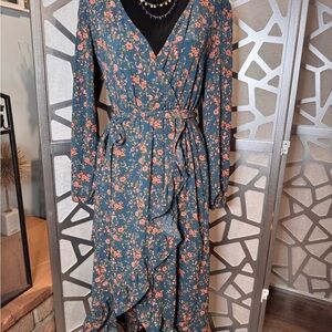 Elegant Floral Wrap Dress - Blue and Orange